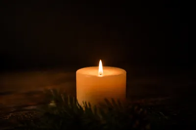 Burning Candle on Dark Evergreen Background