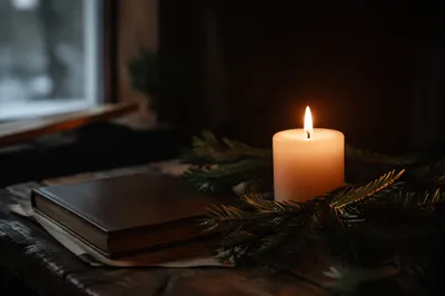 Burning Candle with Evergreen Prayer Journal