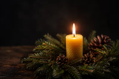 Burning Candle with Evergreen in Quiet Faith