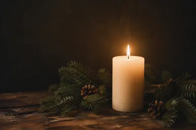 Burning Candle with Evergreen in Quiet Faith
