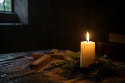 Burning Candle Prayer with Evergreen Cross