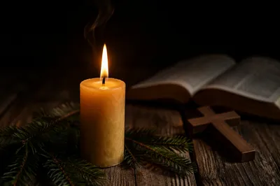 Burning Candle with Evergreen Faith Still Life