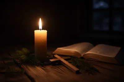Burning Candle with Cross and Evergreen