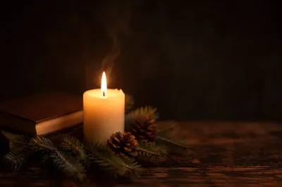Burning Candle with Evergreen Faith Still Life