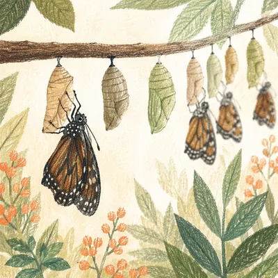 Butterfly Emerging from Cocoon in Evergreen Light