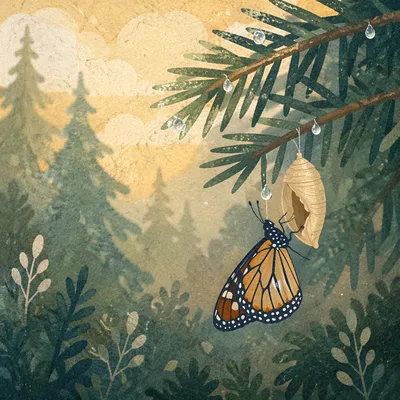Butterfly Emerging Beside Evergreen Chrysalis at Dawn