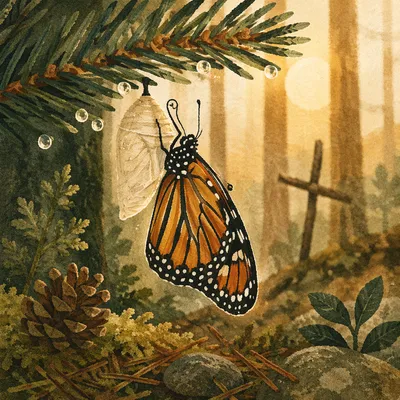 Butterfly Emerging Beneath Evergreen Branch