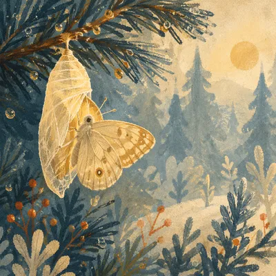 Golden Butterfly Emerging Beneath Evergreen Branch