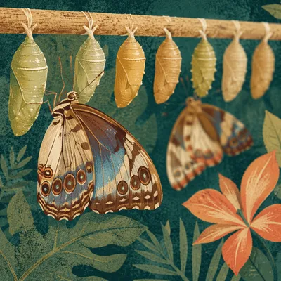 Butterfly Emerging Beneath Evergreen Chrysalises