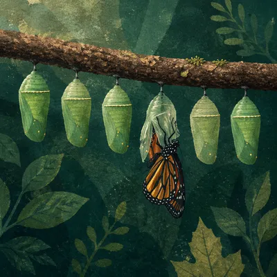 Butterfly Emerging from Evergreen Chrysalis