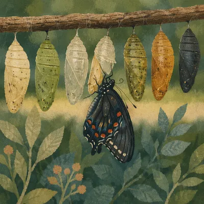 Butterfly Emerging From Evergreen Cocoon