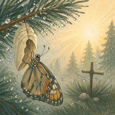 Butterfly Renewal on Evergreen Branch