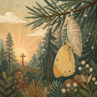 Golden Butterfly Emerging Beneath Evergreen Branch