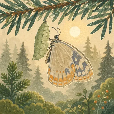 New Butterfly Emerging Beneath Evergreen Branch