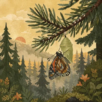 Butterfly Emerging from Evergreen Chrysalis