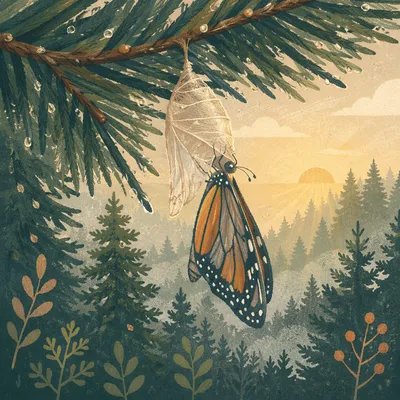 Butterfly Emerging Beneath Evergreen Pine Branch