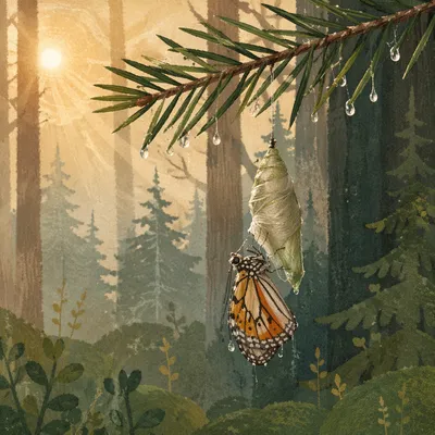 Butterfly Emerging Beneath Evergreen Pine