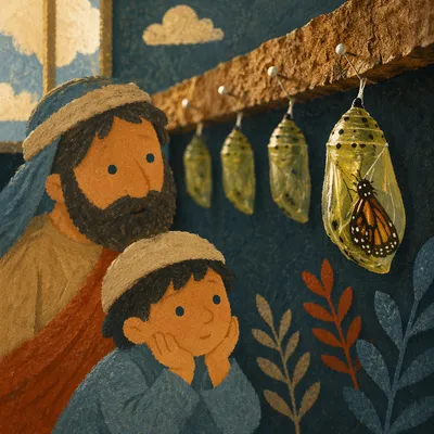 Butterfly Emerging from Evergreen Chrysalis