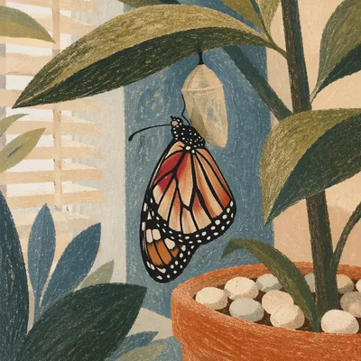 Butterfly Emerging Beneath Evergreen Leaves