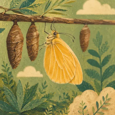 Yellow Butterfly Emerging in Evergreen Garden
