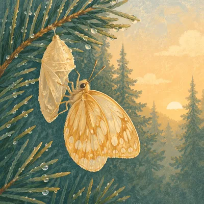 Golden Butterfly Emerging on Evergreen Branch