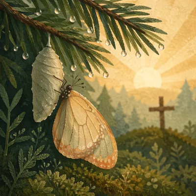 Butterfly Emerging Beneath Evergreen Dawn Light