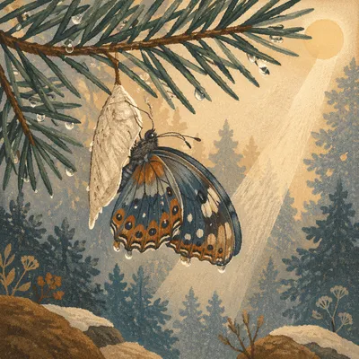 Butterfly Emerging Beneath Evergreen Dawn Light