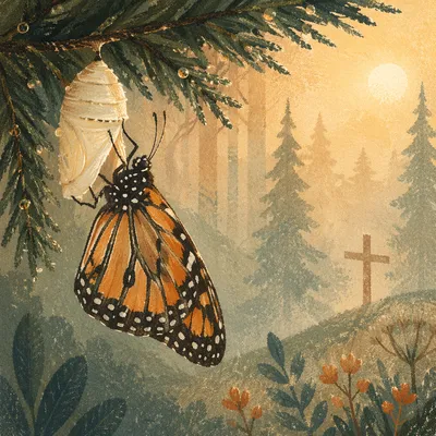 Butterfly Emerging Beside Evergreen Cross