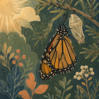 Butterfly Emerging From Evergreen Chrysalis