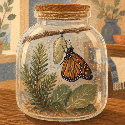 Butterfly Emerging Beside Evergreen Sprig