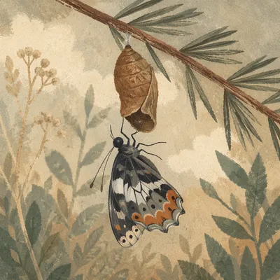 Butterfly Emerging Beneath Evergreen Cocoon