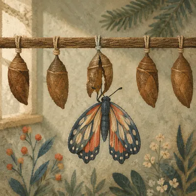Butterfly Emerging Beneath Rustic Cocoons