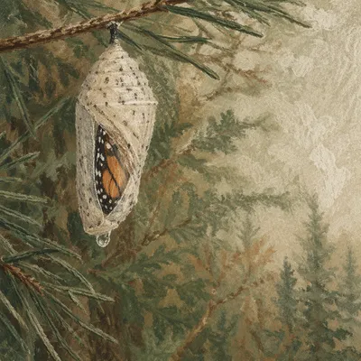 Emerging Butterfly Chrysalis in Evergreen Forest