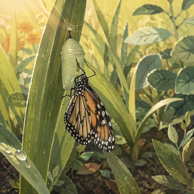 Hopeful Butterfly Emerging on Evergreen Leaf