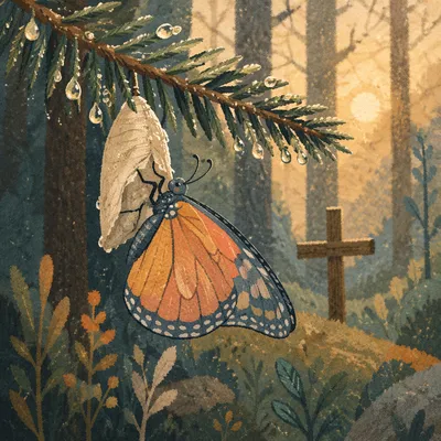 Butterfly Renewal on Evergreen Branch