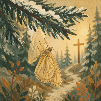 Pale Gold Butterfly Emerging Beneath Evergreen Branch