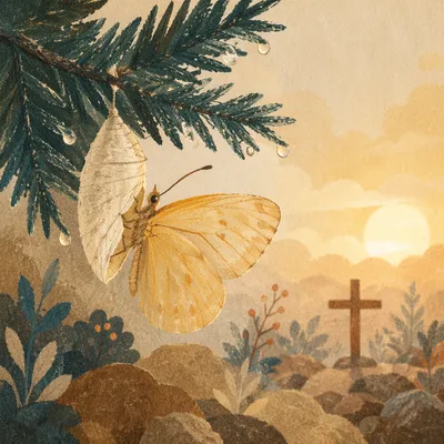 Pale Gold Butterfly Emerging Under Evergreen Branch