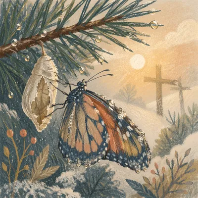 Butterfly Emerging Beside Evergreen Chrysalis