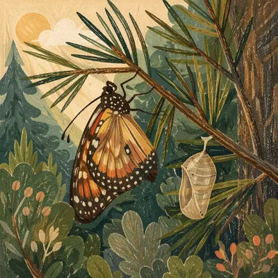 Butterfly Emerging Beside Evergreen Chrysalis