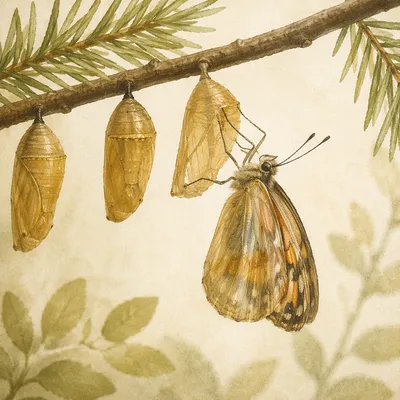 Butterfly Emerging From Evergreen Chrysalis