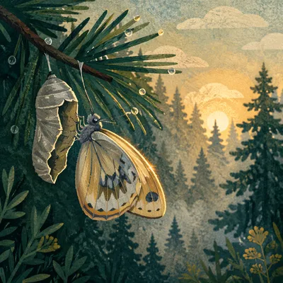 New Butterfly Emerging on Evergreen Branch