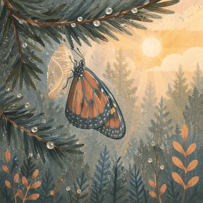 Butterfly Emerging from Cocoon in Evergreen Dawn