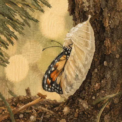 Butterfly Emerging from Cocoon on Evergreen Bark