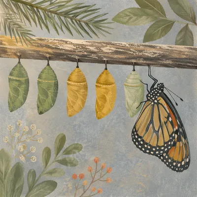 Butterfly Emerging from Evergreen Chrysalises