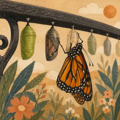 Butterfly Emerging Beneath Garden Rail