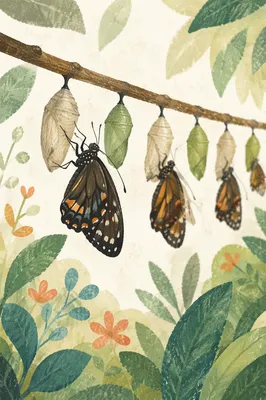 Newly Emerged Butterfly Among Evergreen Chrysalises