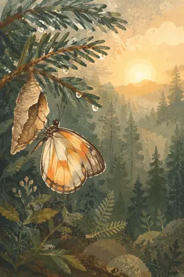 Butterfly Emerging Beside Evergreen Cocoon