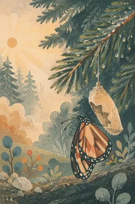 New Butterfly Emerging on Evergreen Branch
