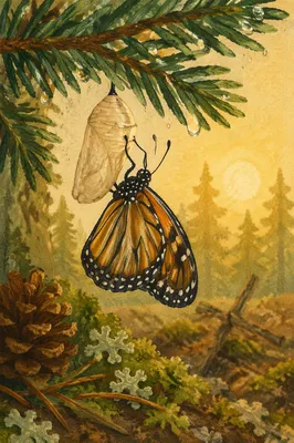 Butterfly Emerging Beneath Evergreen Branch