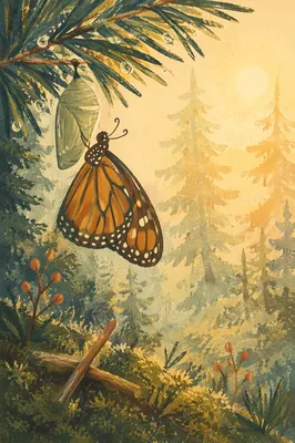Butterfly Emerging Beneath Evergreen Dawn